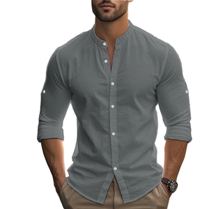 Men's slim fit grey cotton shirt with mandarin collar and long roll-up sleeves