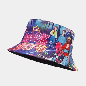 Close-up of vintage 80s pop art graffiti pattern on the double-sided bucket hat