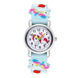 Detailed view of kids quartz watch with 3D unicorn and rainbow on light blue silicone strap