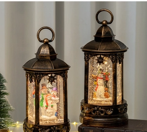 Close-up of vintage bronze Christmas lanterns with snowmen and swirling LED glitter effects