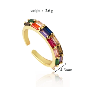 18K gold plated ring featuring double-row multi-color rectangular cubic zirconia stones