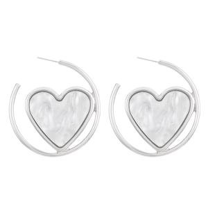 Elegant silver heart hoop earrings featuring white mother-of-pearl texture inlay for women