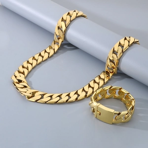 Polished 24mm gold Cuban link chain set including necklace and bracelet for men