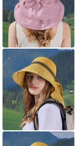 Detail of outdoor sun hats with wide brims and neck protection in pink and yellow colors