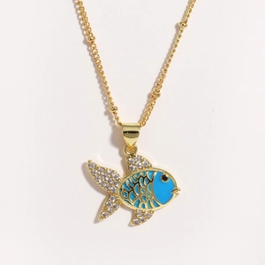 Golden necklace with blue enamel fish pendant and sparkling rhinestones for women