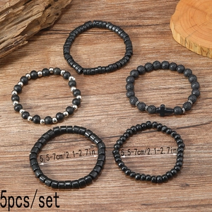 5pcs set of men's black wood beads and volcanic stone bracelets with cross charm