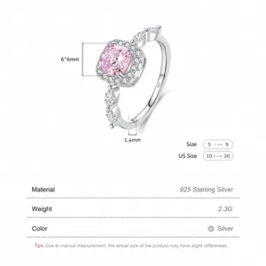 S925 sterling silver ring featuring a square pink crystal and marquise side stones