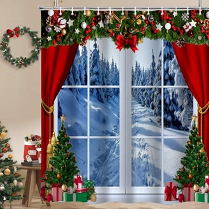Detail view of 3D Christmas bath curtain with winter forest print and festive decorations