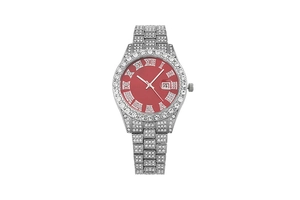 Detail of silver rhinestone watch with red dial and date window magnifier view