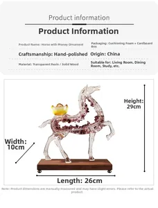 Detail view of resin horse statue with golden ingot on a solid wood base