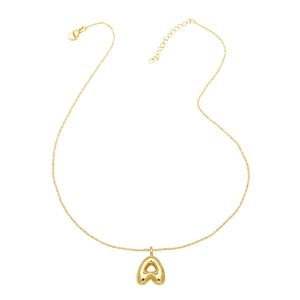 Detailed view of polished 3D bubble letter A pendant on a gold beaded chain necklace