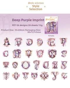 Baroque style PET alphabet stickers with ornate gold edges in deep purple for journaling