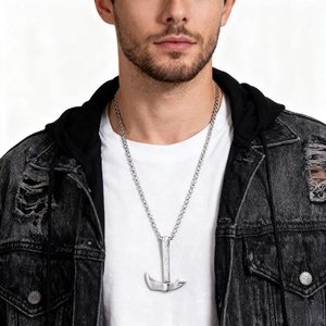 Men's retro stainless steel axe pendant necklace with hammered texture on male model