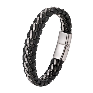Men's punk leather bracelet with double titanium steel chains and magnetic clasp