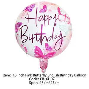 Detail of 18 inch white foil balloon with pink butterflies and Happy Birthday text