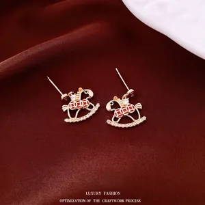 Rocking Horse Stud Earrings Vintage 18K Gold Plated With 925 Sterling Silver Earring Post Red Enamel Zirconia Jewelry