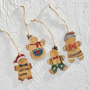 Set of 4 hand-painted 8cm wooden gingerbread man Christmas ornaments with jute hanging ropes