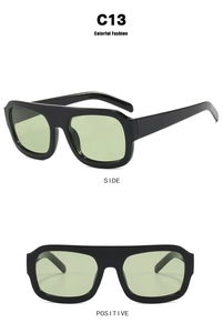 Detailed views of C13 oversized square sunglasses with black frames and green lenses