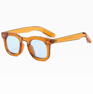 Macro detail of amber tortoise frame sunglasses with light blue lenses and hinges