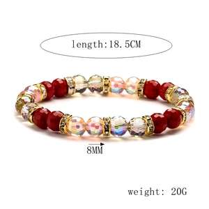 Sparkling 8mm colorful crystal bead bracelet with gold rhinestone spacers 18.5cm long