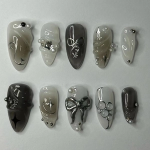 Faux Ongles Amande Noirs Gris Dégradé Faits Main Nœud 3D Künstliche Perles Étoiles Style Y2K Cool Réutilisables