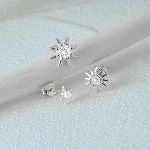 Macro shot of S925 sterling silver starburst earrings set with shiny round cut crystals
