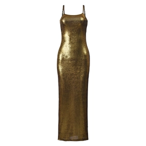 Detail shot of golden metallic texture on backless slim-fit maxi dress for women