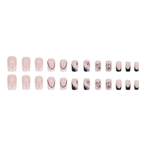 French style butterfly and daisy press-on nails with 24 pieces in nude pink and black