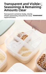 Detail of four-grid transparent seasoning box with spoons and purple lid for spices