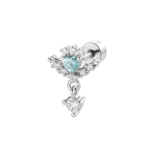 Silver angel wing heart zircon screw back stud earring with light blue gemstone