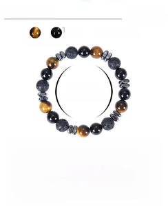 Detailed view of 10mm tiger eye and lava stone beaded bracelet with size specifications