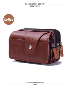 Detail view of coffee brown PU leather belt bag with multiple zipper compartments