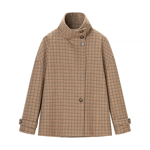 Women's autumn short plaid jacket with stand collar and classic brown houndstooth pattern