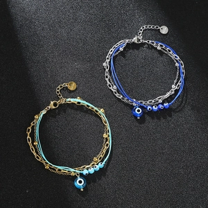 Evil Eye Multi-Layer Bracelet Stainless Steel Woven Rope Waterproof Gold Plated Bohemian Jewelry For Women Girls