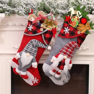 Christmas Stocking Gnome Dwarf Hanging Gift Bag Plaid Snowflake Decoration Festive Holiday Ornament Home Party Decor
