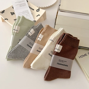 Women Cotton Slouch Socks Mid Calf Ribbed Knit Breathable Soft With Label Decoration Casual Solid Color Korean Style