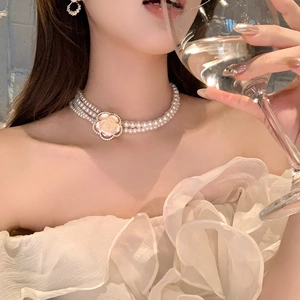 Multi Layer Artificial Pearl Necklace And Earrings With Resin Flower Charm Alloy Rhinestone Accents Elegant Jewelry For Women