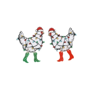 Creative Christmas chicken earrings in acrylic with festive hats and glitter boots