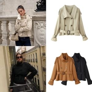 Women Short Trench Coat Double Breasted With Belt Polyester Lapel Casual Fashion Urban Outerwear Jacket