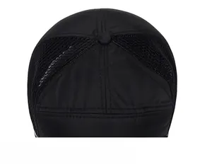 Detailed top view of black breathable mesh runner cap with durable stitching and top button