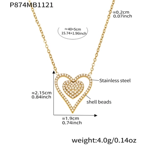 Detailed dimension guide for gold heart necklace with shell beads and stainless steel chain