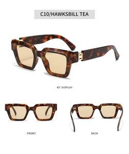 Detailed multi-angle views of square tortoiseshell sunglasses with golden accents