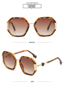 Detail view of leopard print hexagonal sunglasses with golden metal hinge accents