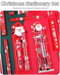 Detailed view of Christmas stationery set with Santa Claus pencils, ruler, and eraser