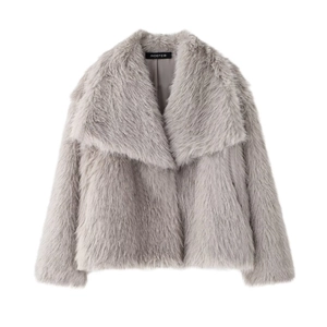 Detailed view of grey faux fur jacket texture with wide lapel and soft shaggy finish