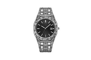 Detail view of silver engraved watch case with black grid dial and date window
