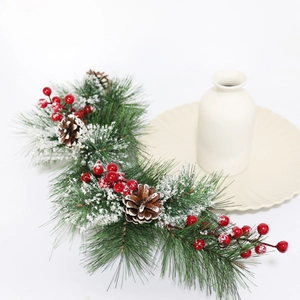 60cm Christmas frosted pine branch with red berries and pinecones in white ceramic vase