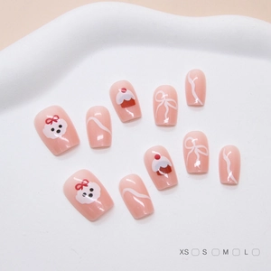 Unghie Finte Fatte A Mano Resina Corte Quadrate Rosa Motivo Cane Carino Fiocco Manicure Donne