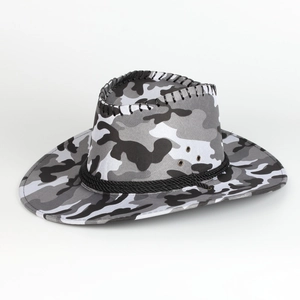 Detail of camouflage cowboy hat featuring side metal eyelets and black braided trim cord