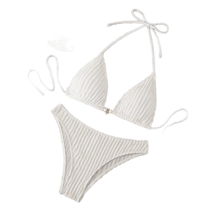 White textured bikini set with halter top and high-waisted bottoms on white background